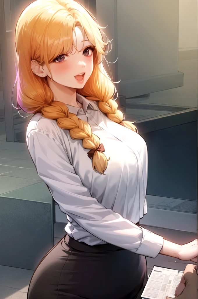 bada, 1girl, solo, blonde hair, long hair, twin braids, ,  large breast, looking at viewer, smile, 1girl, office_lady, long_hair, skirt, solo, shirt, looking_at_viewer, white_shirt, blush, breasts, black_skirt, long_sleeves, collared_shirt, pencil_skirt, bulge, open_mouth, large_breasts, indoors, dress_shirt, shirt_tucked_in, bangs