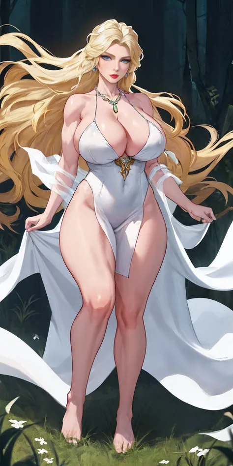 full body of blonde scandinavian goddess muscle tone full body, face of elsa hosk, huge breasts, white silk dress with deep clea...