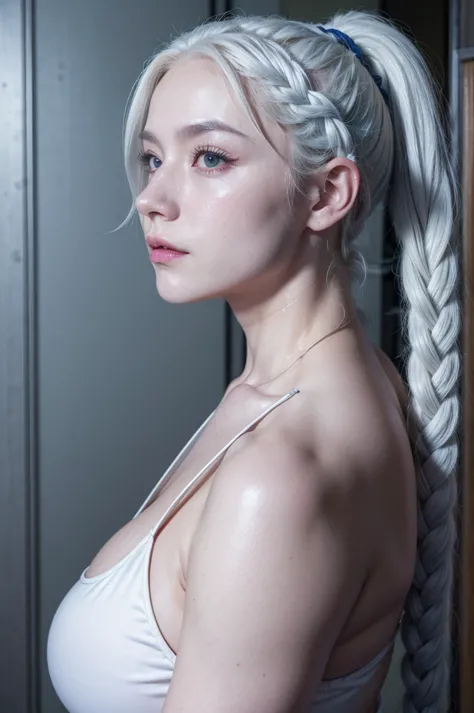 Mei mei from jujutsu kaisen, realistic, age 25, pure white skin, black pupils, white long front side braided hair, white sideloc...