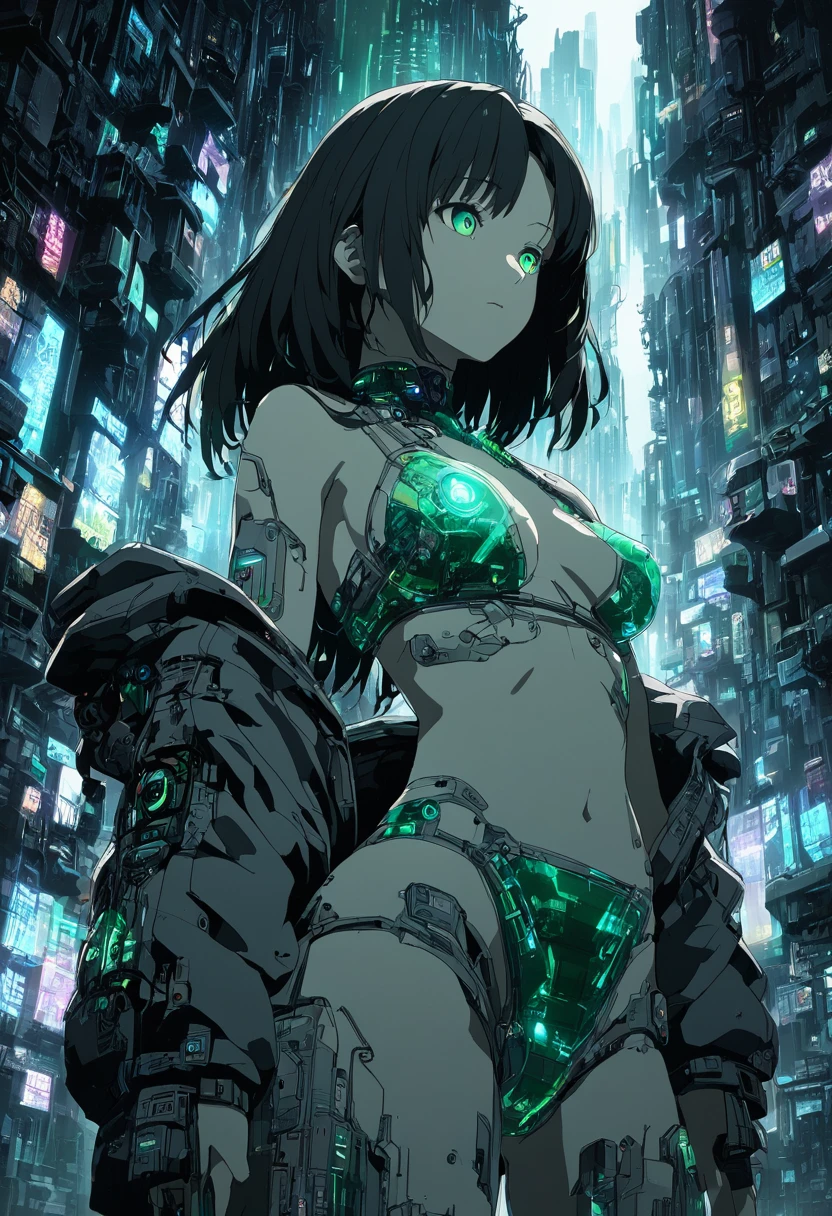 pretty girl, Three-dimensional effect expressed through light and shadow,Low - Angle、 Emerald green eyes、Part of the clothing is see-through、Cinematic angles、optical fiber、Connected Cord、Illuminated parts See-through parts、Cyberpunk cityscape, young woman with long black hair wearing an emerald green powered exosuit, standing in a contemplative pose amidst the neon-lit ruins, textured digital art with muted tones and subtle ambient noise, detailed and intricate illustration, dystopian and gritty yet beautiful, a glimmer of hope in the decay,Fish Girl in Sci-fi translucent mechanical bikini ++,The bikini is see-through and sparkly,