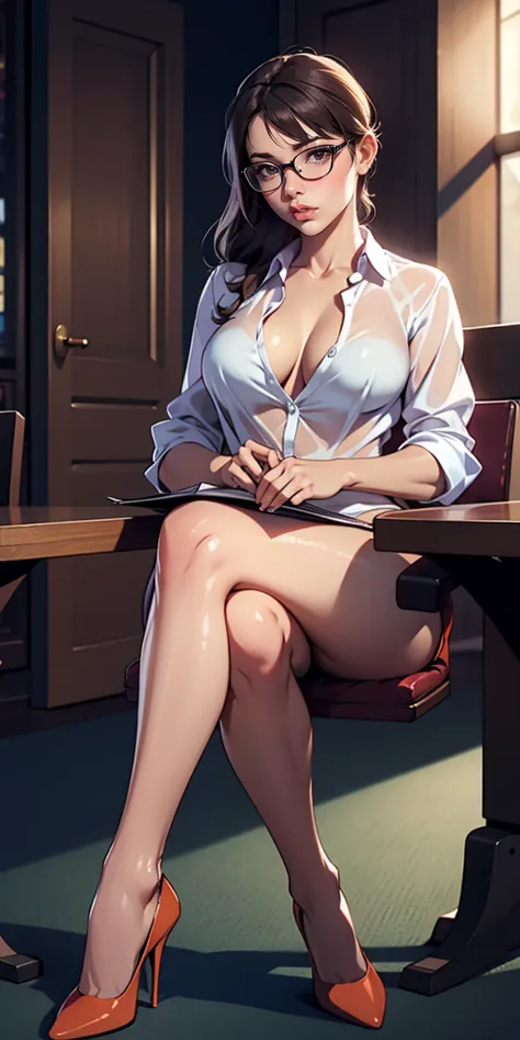 Super realistic and detailed sexy professor , Sitting at the table with shirt open , Glasses crossed legs high heels ，Legs open