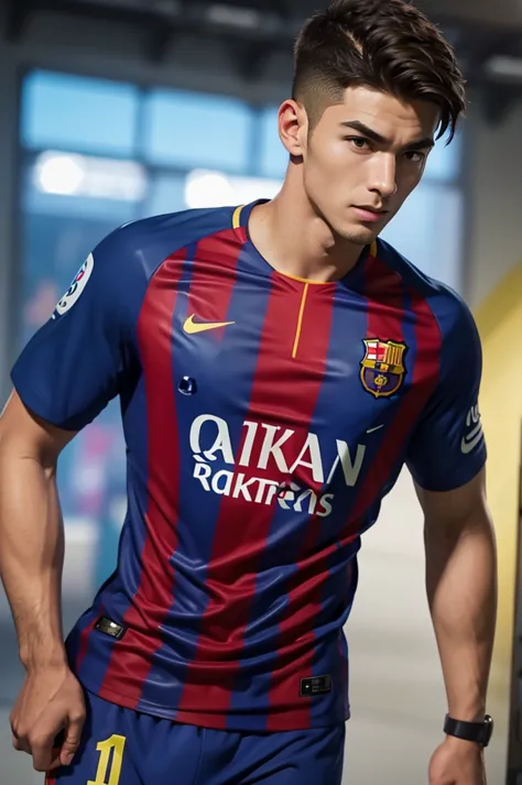 {{{FC Barcelona}}}, light, {{nike soccer jerseys}}, {{{best quality}}}, {{{realistic}}}, Detailed facial description, realistic ...