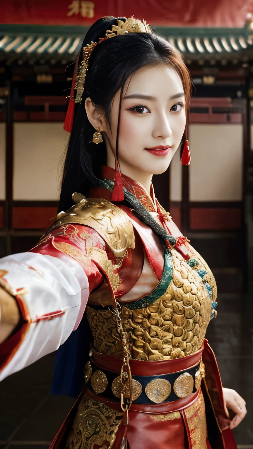 (((Selfie:1.3))), ancient Chinese girl, 2 century, looking at viewer, beautiful Chinese  Young General, 26 years old, (Highly detailed face, Ordinary eyes,  Tapered eyebrows, Brown eye, Variegated eyes, Fuller lips, little Lips, smile , Chinese line earring ),(middle breasts, middle hip), (ancient Chinese costume, Red decoration leather armor emboss armor of dragon ,  chain inner clothes, put on a red silk cloak , red leather head band ), (holding a ancient Chinese long pike), standing in Chinese Palace, near Garden, sunset ,(masterpiece, Highest quality, masterpiece, God-like quality, Godly art, , Very realistic)