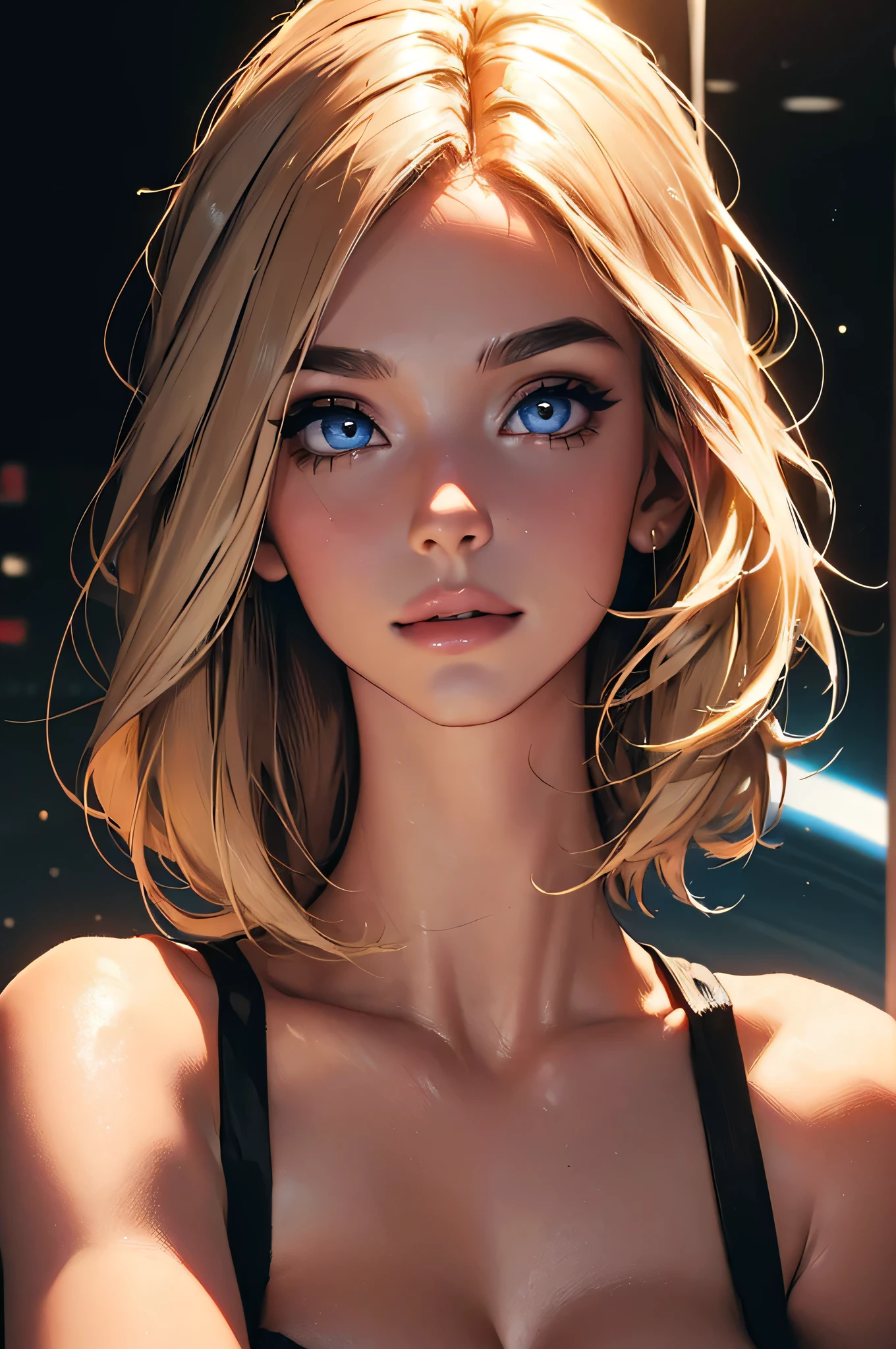 ((((masterpiece, best quality, high resolution)))), Extremely detailed 8K, Beautiful girl with slender body, (Ultra HD, Ultra-detailed, Highly detailed, Highly realistic, Ultra-realistic, photograph realistic), (1girl:1.5), (Realistic blonde hair with dark roots), wavy hair, boho bob cut,(dark makeup, pink eyeshadow), facing at camera, light smile, (beautiful detailed face, beautiful detailed eyes), (sexy space outfit), see through top, cleavage,  glow, sweat, (space cruise, detailed makeup, gold bracelet