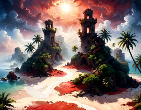 arafed, an oil painting of an island of mystery, an island of enigma, an island of secrecy, there some palm trees, white and red...