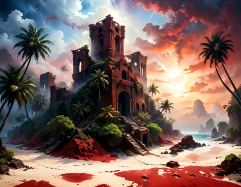 arafed, an oil painting of an island of mystery, an island of enigma, an island of secrecy, there some palm trees, white and red...