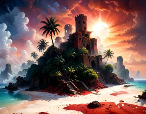 arafed, an oil painting of an island of mystery, an island of enigma, an island of secrecy, there some palm trees, white and red...