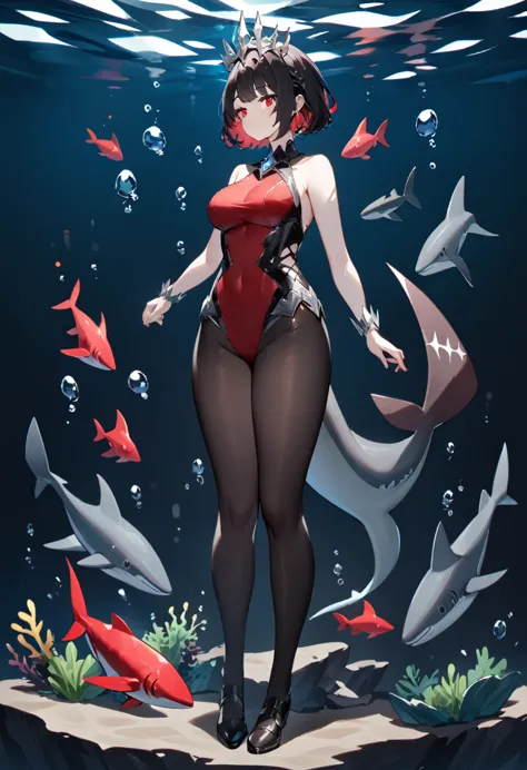 a queen stands，the underwater world，black short hair，red eyes，full figure，black pantyhose，red gem swimsuit，black shark tail，full...