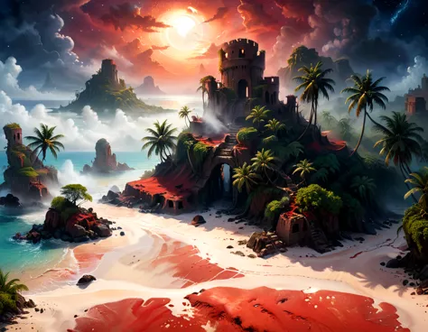 arafed, an oil painting of an island of mystery, an island of enigma, an island of secrecy, there some palm trees, white and red...