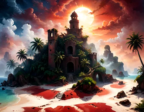 arafed, an oil painting of an island of mystery, an island of enigma, an island of secrecy, there some palm trees, white and red...