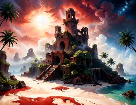 arafed, an oil painting of an island of mystery, an island of enigma, an island of secrecy, there some palm trees, white and red...