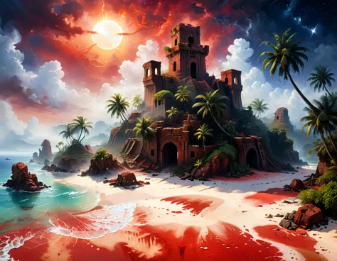 arafed, an oil painting of an island of mystery, an island of enigma, an island of secrecy, there some palm trees, white and red...