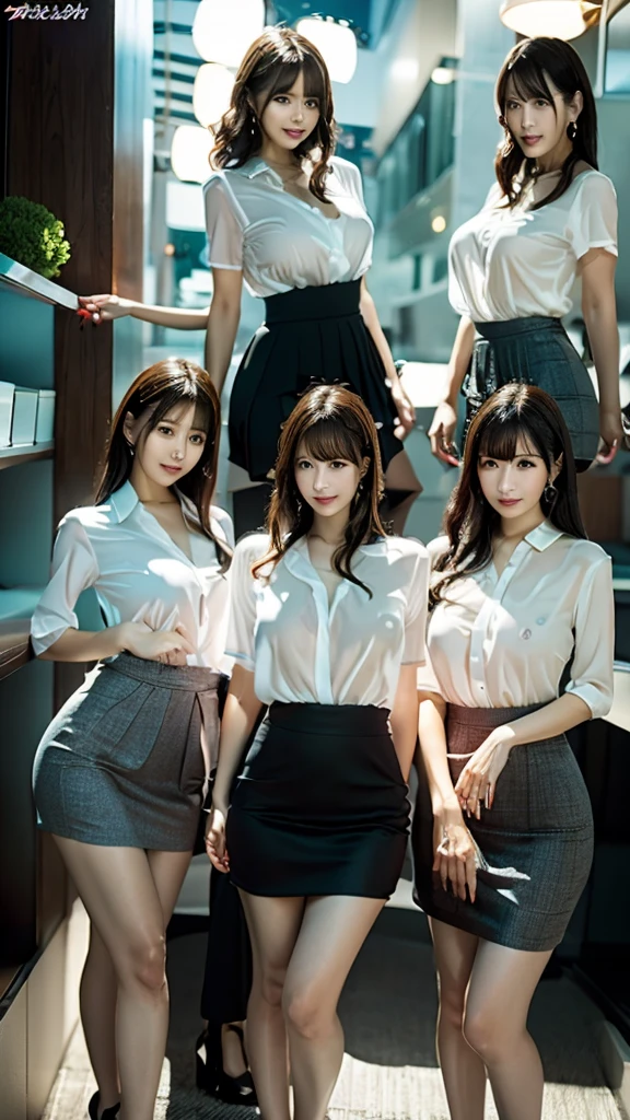 Wet,rain,Three women waiting at a traffic light in an office building in Tokyo. High resolution images of women. Tailored Suits, Long skirt, High heels,A leaning forward posture that emphasizes the chest,Sweaty and drenched.

 Their outfits are sexy and accentuate their attractive breasts.. Each woman has her own style, but、They complement each other. A little blush on the cheeks、Posing to seduce men。.

 With the stairs in the background, Men passing by admire the woman&#39;s legs. 

 The lighting is natural and bright, Capture the energy and dynamism of this scene. 

 The overall atmosphere is erotic., Sensual and impressionistic. A picture from a little below、It captures their beautiful legs well.; The image is turned sideways to capture all three women., With a moderate depth of field、The focus is on the woman、The background is slightly blurred and emphasized。.