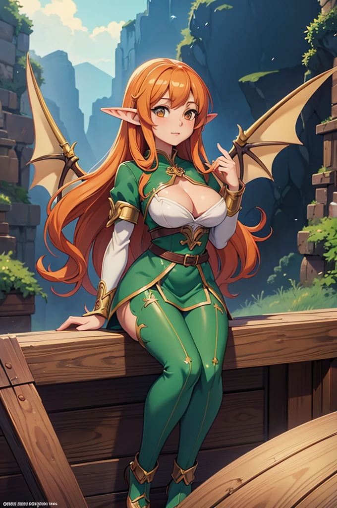 vintage anime elf girl with dragon wings, fantasy art style, extremely detailed artgerm, detailed digital anime art, anime fantasy illustration, beautiful character painting,  artgerm on artstation pixiv, 2. 5 d cgi anime fantasy artwork, orange long hair, medium breast, hazel eyes,  looking towards the viewer,  (best quality, top quality, ultra detailed, high-resolution, HDR, beautiful detailed, masterpiece, 2,5d)