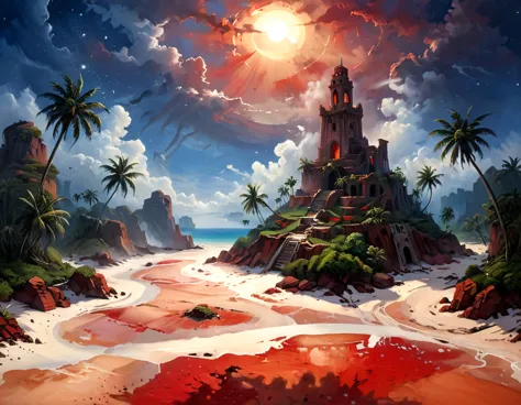 arafed, an oil painting of an island of mystery, an island of enigma, an island of secrecy, there some palm trees, white and red...