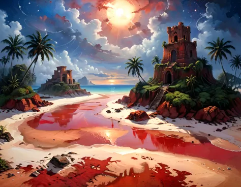 arafed, an oil painting of an island of mystery, an island of enigma, an island of secrecy, there some palm trees, white and red...