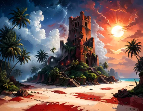 arafed, an oil painting of an island of mystery, an island of enigma, an island of secrecy, there some palm trees, white and red...