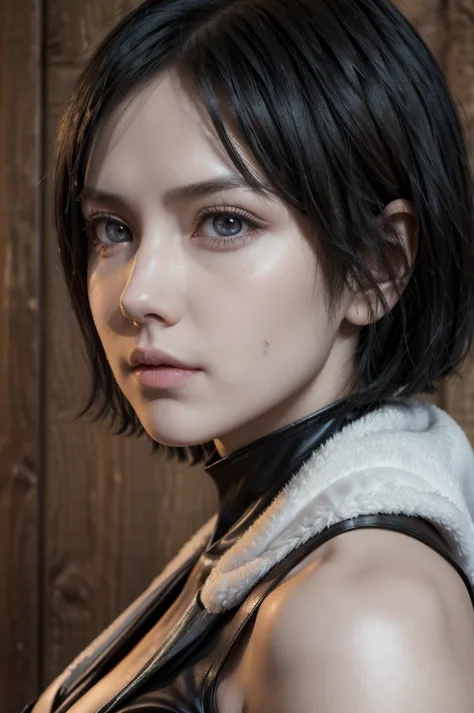 Mikasa from attack on titan, realistic, age 25, pure white skin, black pupils, black bob hair, perfect face, perfect shape body,...