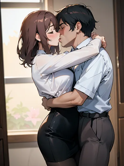 (One girl, One middle-aged man), pantyhose, pantyhose, White shirt, Pencil Skirt, blush, French kiss,, hug, Sensual body, close ...