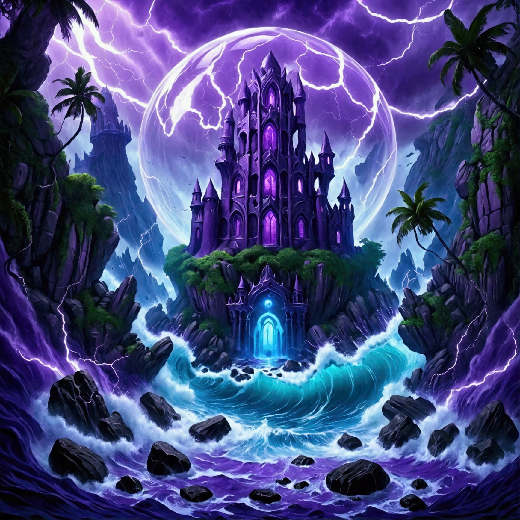 (Close-up of magic orb in gentle hands), (((within the orb is a (mysterious eerie citadel with intricate architecture:1.2) on rocks of tropical island))), crushing waves, purple-blue thunderstorm, masterpiece in maximum 16K resolution, best quality, ultra detailed, aesthetics, absurdes.