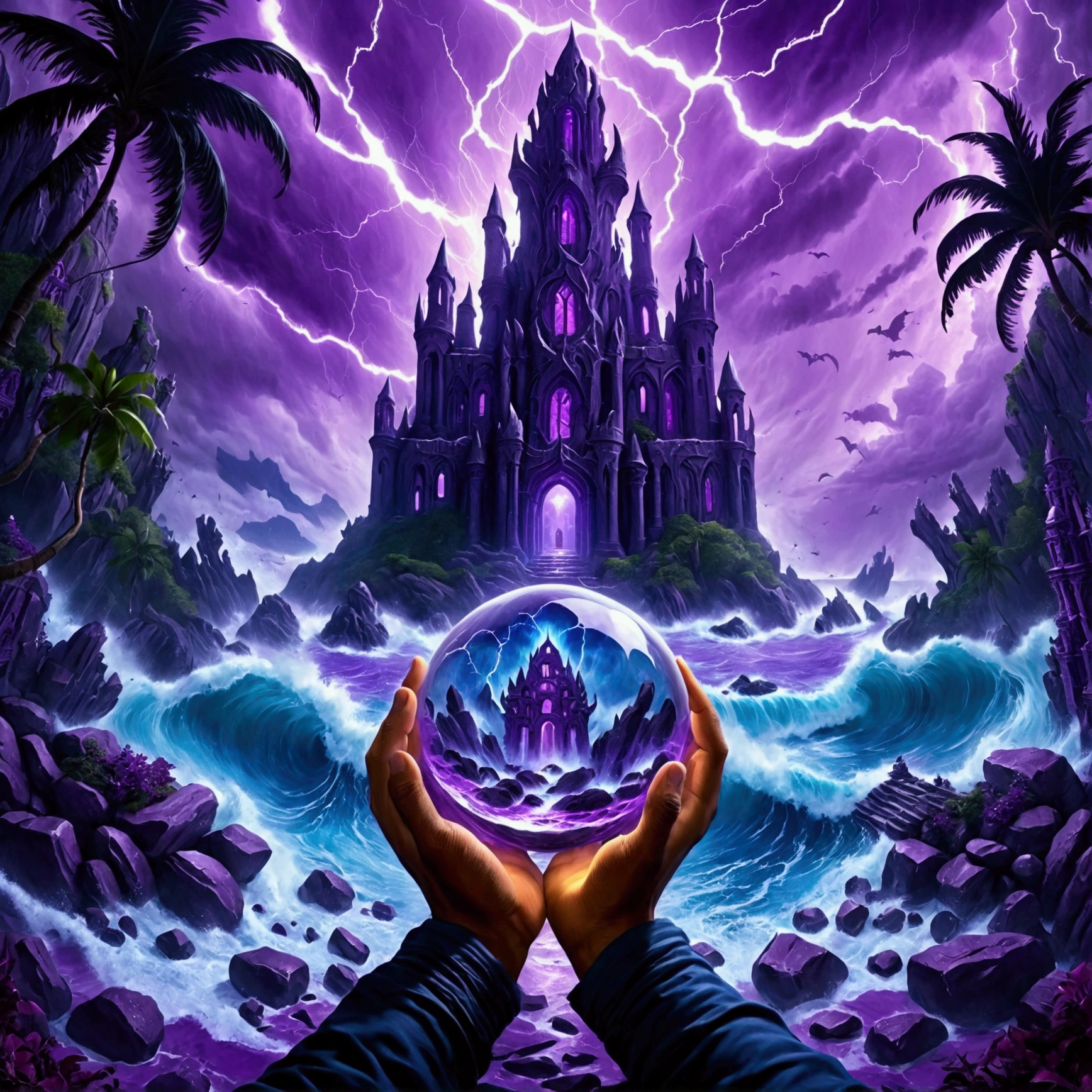 (Close-up of magic orb in gentle hands), (((within the orb is a (mysterious eerie citadel with intricate architecture:1.2) on rocks of tropical island))), crushing waves, purple-blue thunderstorm, masterpiece in maximum 16K resolution, best quality, ultra detailed, aesthetics, absurdes.