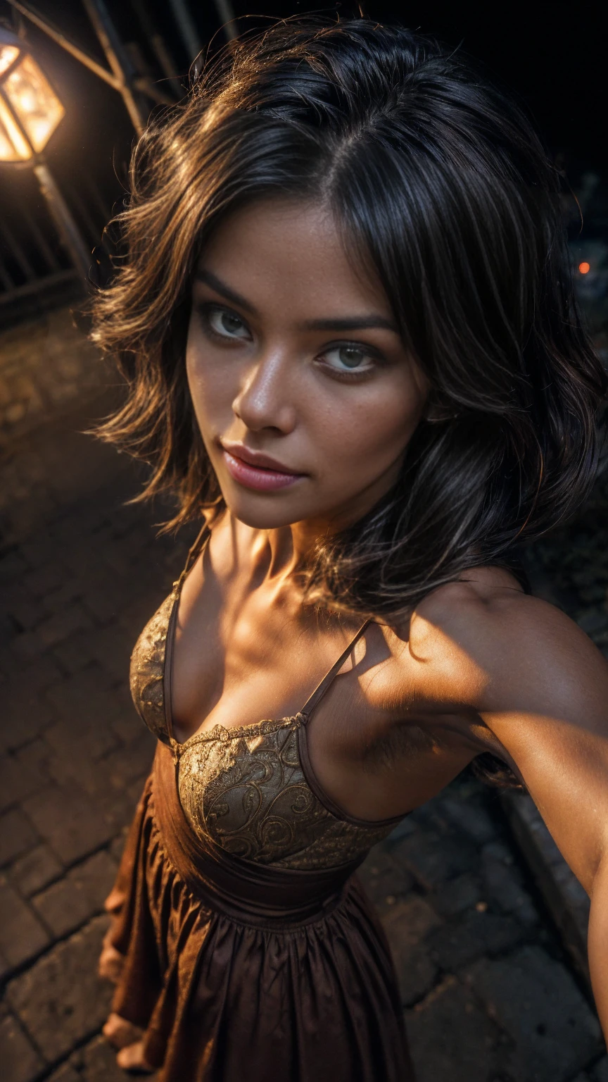 (selfie shot, from above:1.5), RAW uhd portrait photo of a 20-year-old brunette full body posed in lingerie walking down a dark alleyway, (muscular female:1.5), natural breast, flexing bicep, nighttime city background, (red sundress), (cleavage), detailed (textures!, hair!, shine, color!!, imperfections:1.1), highly detailed glossy eyes, head leaned back, (looking up at the camera), specular lighting, dslr, ultra quality, sharp focus, tack sharp, dof, film grain, (centered), Fujifilm XT3, crystal clear, center of frame, cute face, sharp focus, street lamp, neon lights, bokeh, (dimly lit), low key, at night, (night sky)  detailed skin pores, oiled skin, tan, intricate eye detail