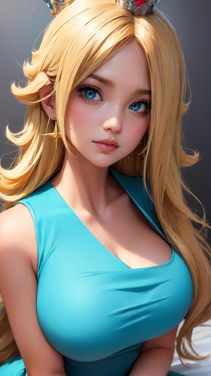 ((masterpiece)), ((best quality)), (detailed), perfect, solo, rosalina, blue dress, crown, classy, blonde, long hair, (huge breast), deep cleavage, sexy pose