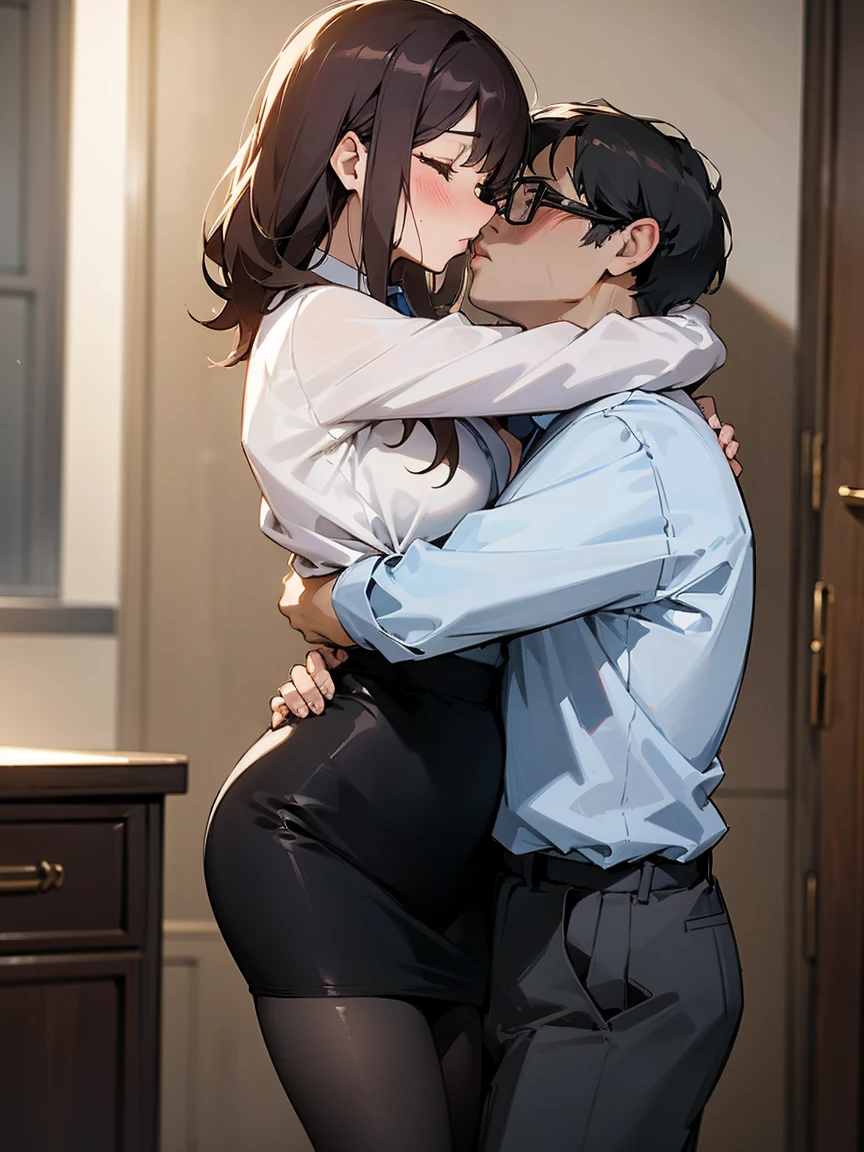 (One girl, One middle-aged man), pantyhose, pantyhose, White shirt, Pencil Skirt, blush, French kiss,, hug, Sensual body, close your eyes, office, Very detailed, High resolution, 4K, masterpiece, High resolution