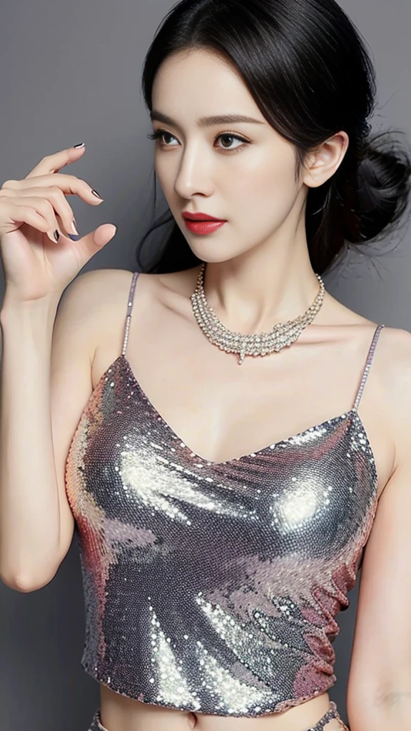 1 Woman，Perfect face，Low-cut sequined crop top，necklace. (best quality, Super Detail : 1.2), (masterpiece, Reality : 1.3), Thin waist