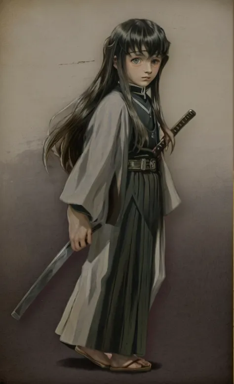 surrealistic, 8k, realistic photo, detail, 1912s, 14 year old youth, beautiful eyes, sword at waist, beautiful boy with long hai...