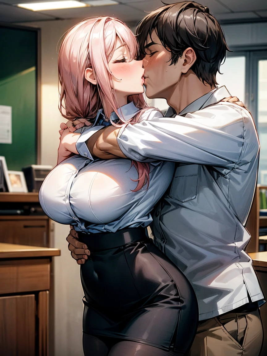 (One girl, One middle-aged man), pantyhose, pantyhose, White shirt, Pencil Skirt, blush, French kiss,, hug, Big Breasts, close your eyes, office, Very detailed, High resolution, 4K, masterpiece, High resolution