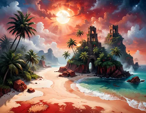 arafed, an oil painting of an island of mystery, an island of enigma, an island of secrecy, there some palm trees, white and red...