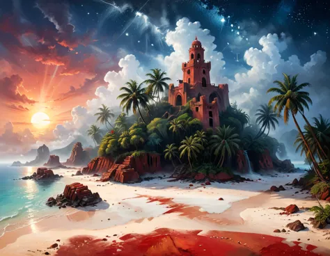 arafed, an oil painting of an island of mystery, an island of enigma, an island of secrecy, there some palm trees, white and red...