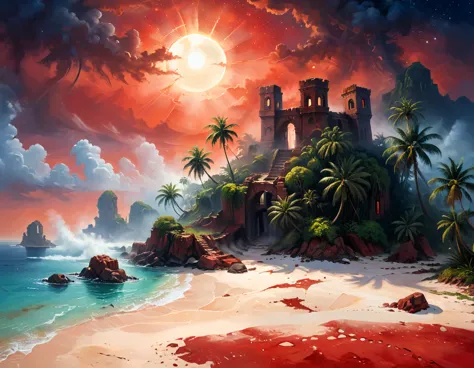 arafed, an oil painting of an island of mystery, an island of enigma, an island of secrecy, there some palm trees, white and red...