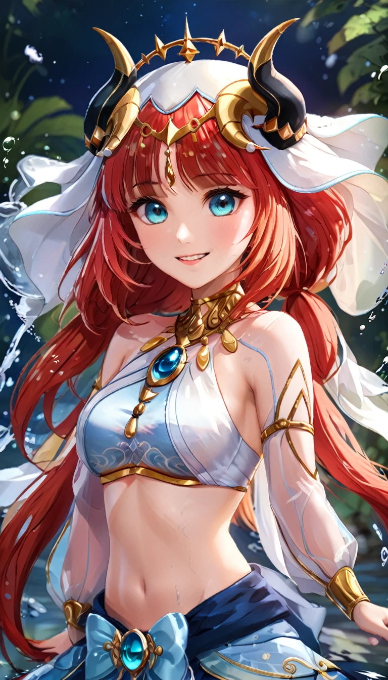 (((best quality)), ((masterpiece)), (details), masterpiece, best quality, high quality, ulutra detailed, perfect face,Shiny Hair、Glowing Skin、blush、nilou、whole body、Dancer、lake、Splash、dance、smile、nilou,1girl,独奏,horns,Veil,navel,