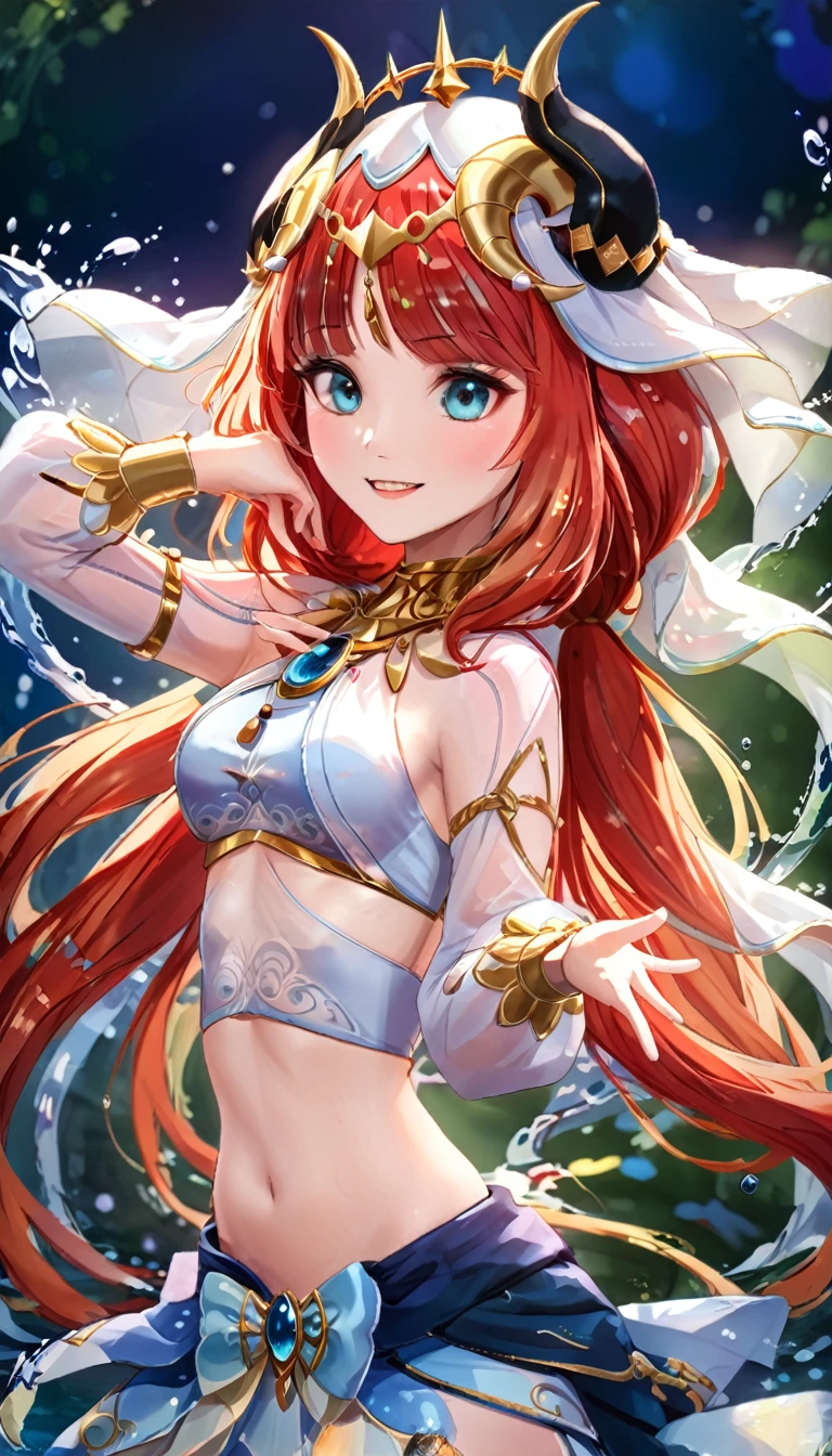 (((best quality)), ((masterpiece)), (details), masterpiece, best quality, high quality, ulutra detailed, perfect face,Shiny Hair、Glowing Skin、blush、nilou、whole body、Dancer、lake、Splash、dance、smile、nilou,1girl,独奏,horns,Veil,navel,