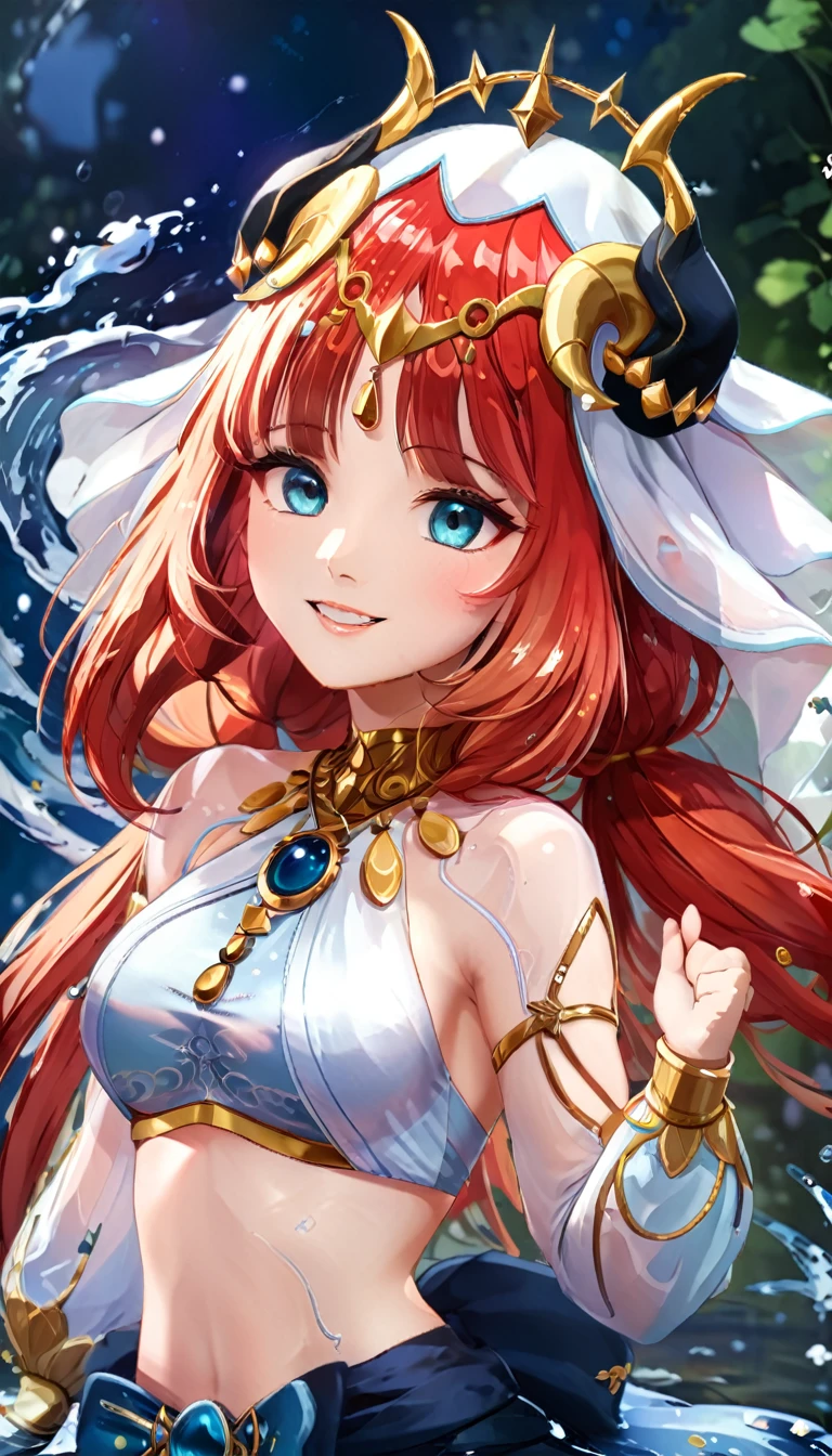 (((best quality)), ((masterpiece)), (details), masterpiece, best quality, high quality, ulutra detailed, perfect face,Shiny Hair、Glowing Skin、blush、nilou、whole body、Dancer、lake、Splash、dance、smile、nilou,1girl,独奏,horns,Veil,navel,