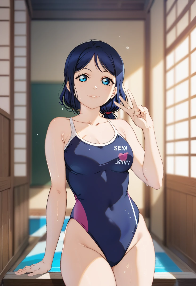 (masterpiece), 8k wallpaper, cowboy shot,alone,alp artstyle ,Watanabe Yo, Are standing, School corridor, Side bust,One piece swimsuit, V-neck, Low cut at hips, blue eyes, Beautiful and exquisite face and eyes, (nsfw:1.9), love live!