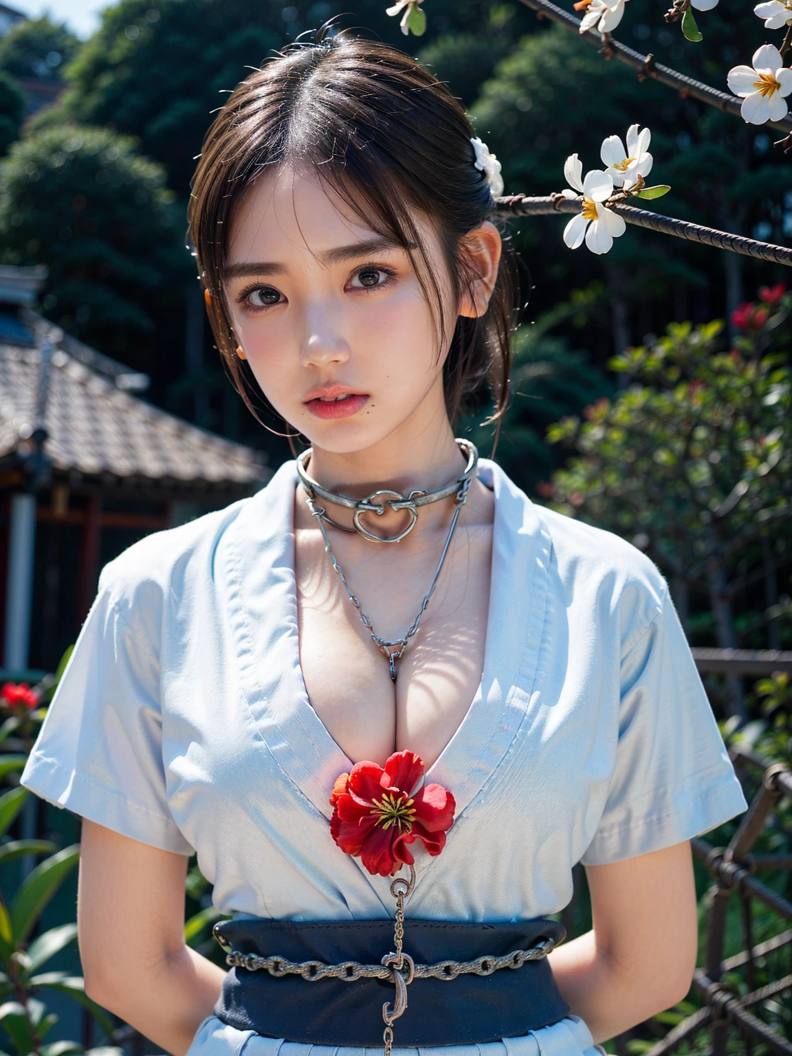 (41k4:0.72), (aika-sawaguchi:0.6), masterpiece, Best Quality, 8K, Raw photo, top-notch quality, masterpiece, (wearing white yukata with red flowers:1.5), (exceptionally detailed RAW color photo, professional-grade photograph), (facing viewer:1.5), (bondage:1.45), (shackled:2.2), (chained:1.7), (slave:1.6), (wearing slave collar:1.5), (looking at viewer:1.4), (Realistic, Photorealistic:1.37), (highly detailed skin:1.2), Ultra-high resolution, (lens 50mm), (masterpiece, top-quality:1.3), (hyper realistic:1.35), (Photorealistic:1.45), (Realistic:1.4), ((solo)), (1 pretty Japanese girl), 21 years old, Japanese idol, supermodel, pale skin, (slim:1.3), (slim body:1.25), (slender body:1.25), (narrow waist:1.35), pretty face, (large breasts:1.15), (deep cleavage:1.4)