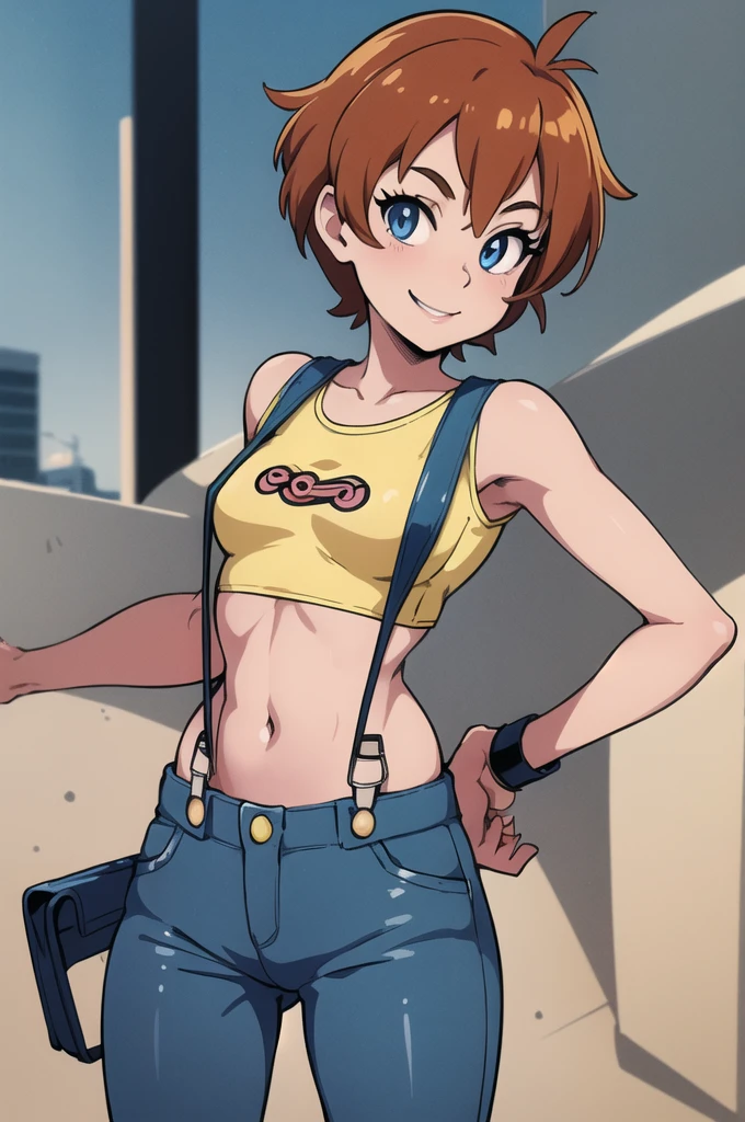 ((masterpiece,best quality)), absurdres, Misty_Pokemon, small breasts, blue eyes, yellow crop top, suspenders, solo, smiling, looking at viewer, cowboy shot, cinematic composition, dynamic pose