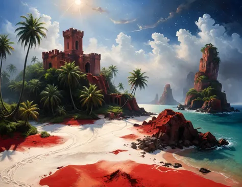 arafed, an oil painting of an island of mystery, an island of enigma, an island of secrecy, there some palm trees, white and red...