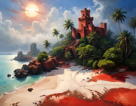 arafed, an oil painting of an island of mystery, an island of enigma, an island of secrecy, there some palm trees, white and red...