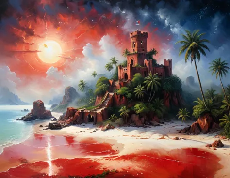 arafed, an oil painting of an island of mystery, an island of enigma, an island of secrecy, there some palm trees, white and red...