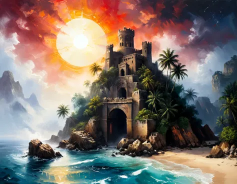 arafed, an oil painting of an island of mystery, an island of enigma, an island of secrecy, there some palm trees, white and red...