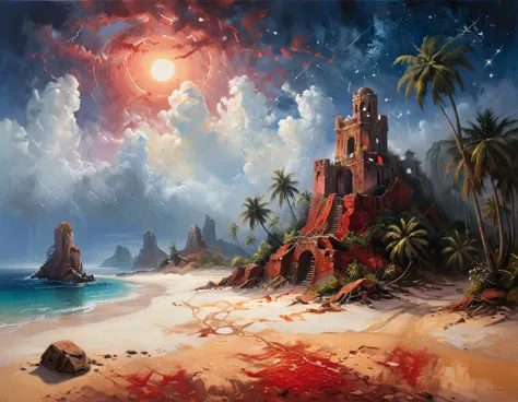 arafed, an oil painting of an island of mystery, an island of enigma, an island of secrecy, there some palm trees, white and red...