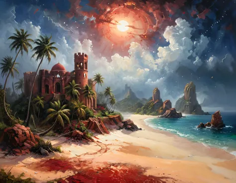 arafed, an oil painting of an island of mystery, an island of enigma, an island of secrecy, there some palm trees, white and red...