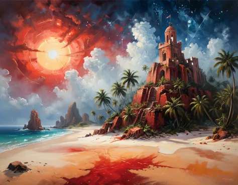 arafed, an oil painting of an island of mystery, an island of enigma, an island of secrecy, there some palm trees, white and red...