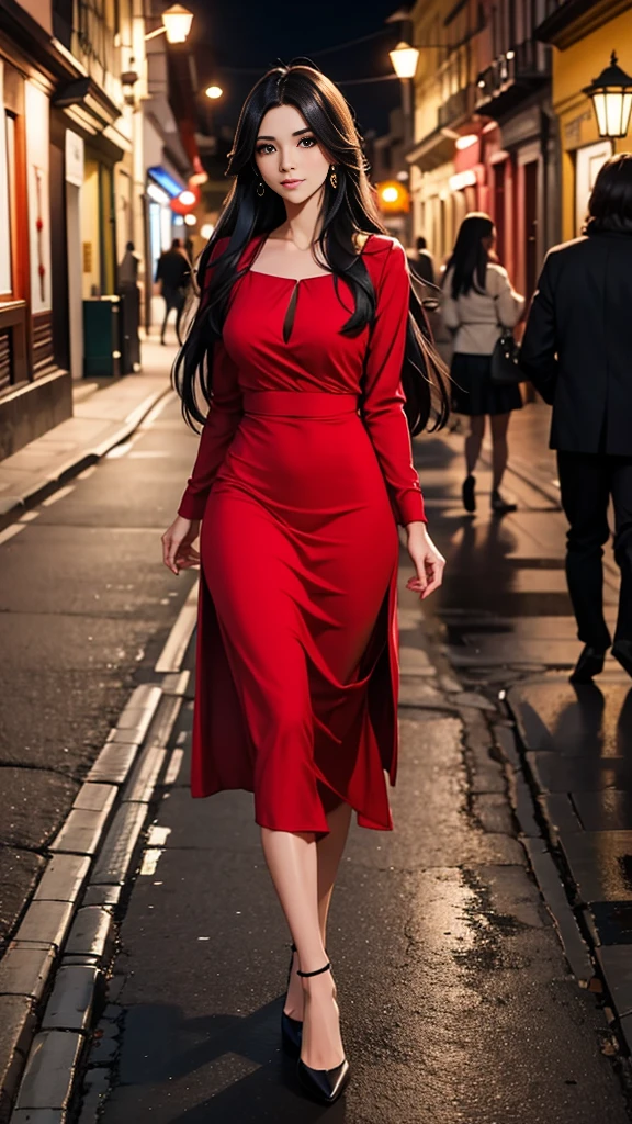 Belle fille aux cheveux noirs, aux yeux marrons et aux cheveux longs, vêtue d&#39;une robe rouge sexy, se promenant dans les rues de Quito la nuit 