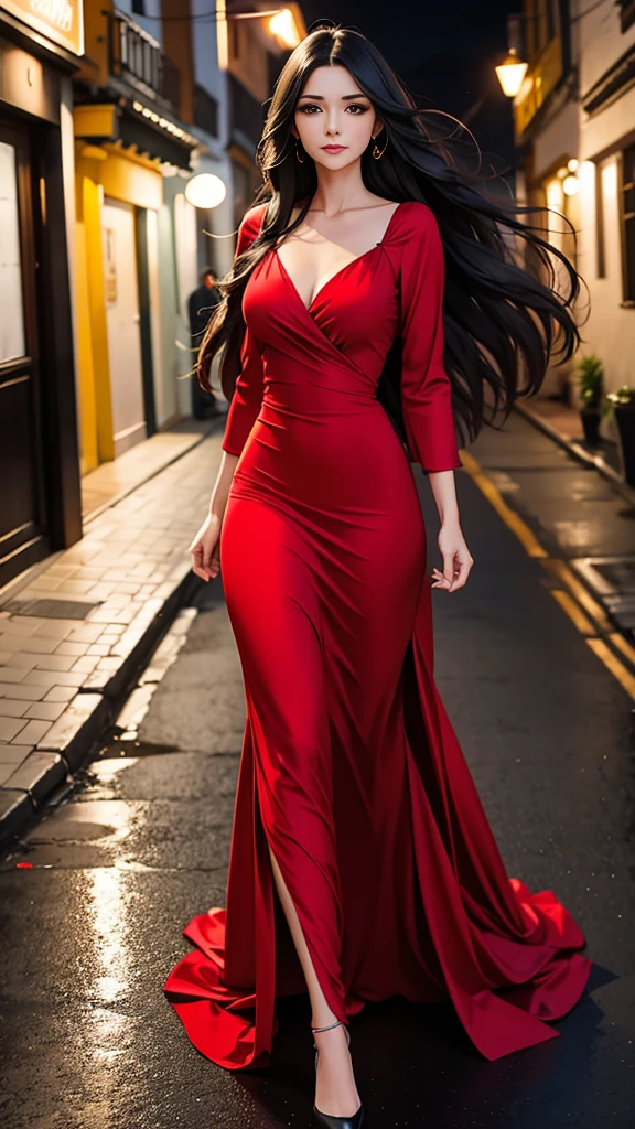 Beautiful black-haired girl with brown eyes and long hair wearing sexy red dress walking through the streets of Quito at night 