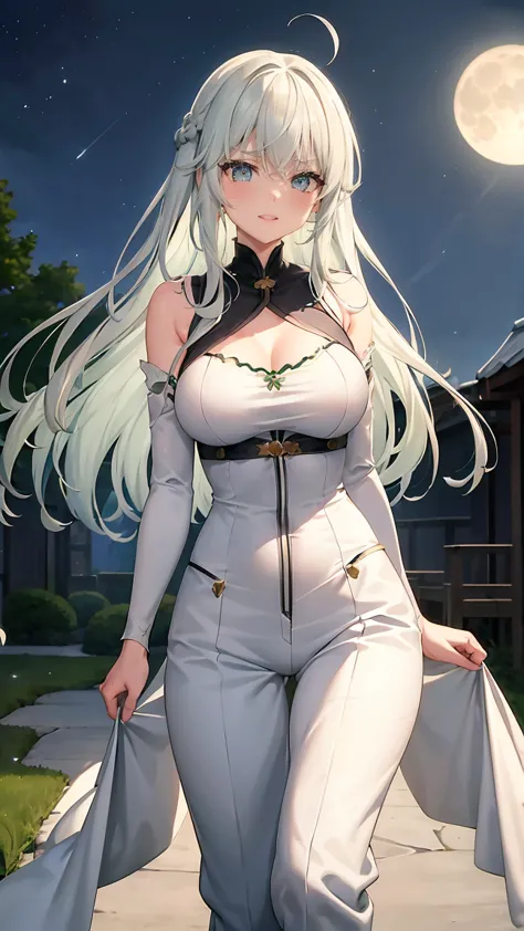 Girl with long green hair,Inner color and white hair、 Beautifully shaped breasts with tension, Green Eyes, Moonlight、moonlight、、...